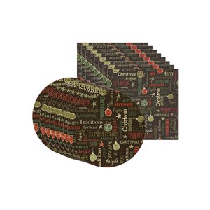 Kit Sousplat + Guardanapo Natal Fundo Palavras - 8 Peças - com Base