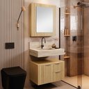 Ver imagem 1 de Conjunto para Banheiro Bancada em Porcelanato com Cuba Esculpida, Armário e Espelheira Ripy 60cm Amarelo/Wood