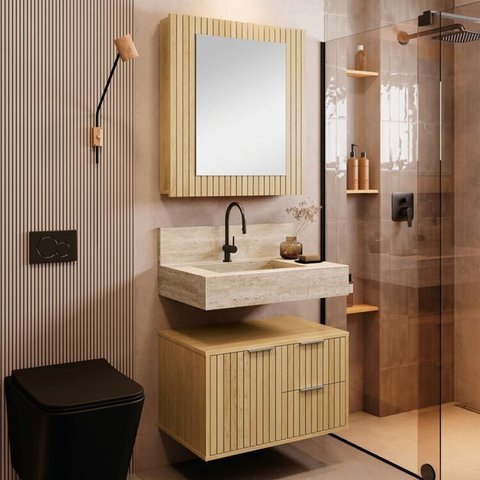 Conjunto para Banheiro Bancada em Porcelanato com Cuba Esculpida, Armário e Espelheira Ripy 60cm