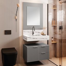 Conjunto Completo para Banheiro Bancada em Porcelanato com Cuba Esculpida, Armário e Espelho Ripy 60cm - 12