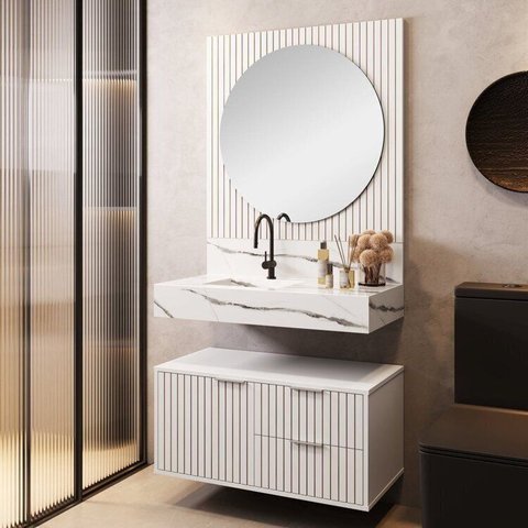 Conjunto para Banheiro Bancada em Porcelanato com Cuba Esculpida, Armário e Espelho Ripy 80cm Yescas