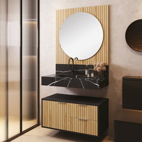 Conjunto para Banheiro Bancada em Porcelanato com Cuba Esculpida, Armário e Espelho Ripy 80cm Preto/Wood