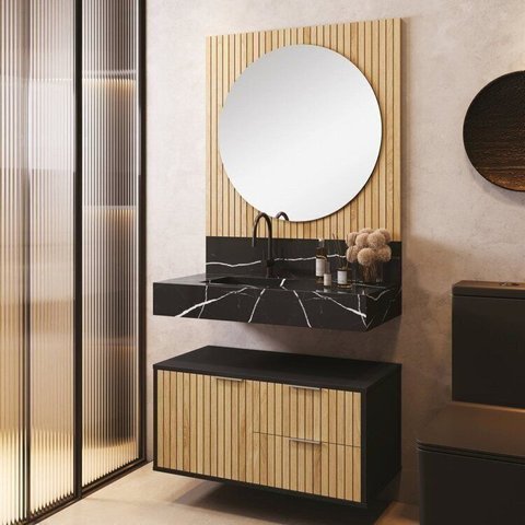 Conjunto para Banheiro Bancada em Porcelanato com Cuba Esculpida, Armário e Espelho Ripy 80cm Yescas