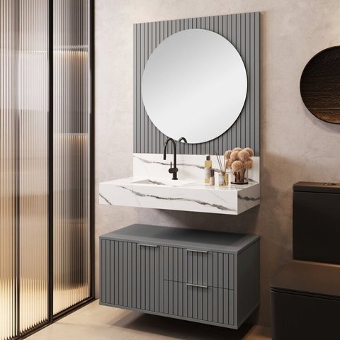 Conjunto para Banheiro Bancada em Porcelanato com Cuba Esculpida, Armário e Espelho Ripy 80cm