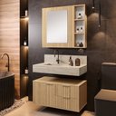 Ver imagem 1 de Conjunto para Banheiro Bancada em Porcelanato com Cuba Esculpida, Armário e Espelheira Ripy 80cm Amarelo/Wood