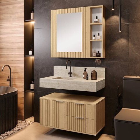 Conjunto para Banheiro Bancada em Porcelanato com Cuba Esculpida, Armário e Espelheira Ripy 80cm