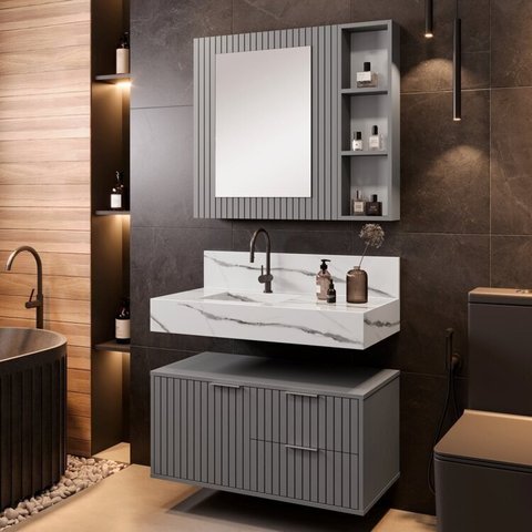 Conjunto para Banheiro Bancada em Porcelanato com Cuba Esculpida, Armário e Espelheira Ripy 80cm