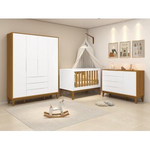 Quarto de bebê Elfe com guarda-roupa 4 portas, cômoda com porta e berço minicama Noah Branco/Savana 