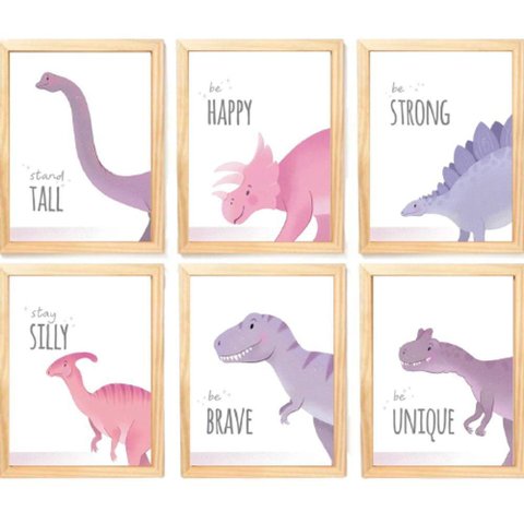 Quadro Infantil Dinossauro Rosa 6 Un A4 Vidro e Pendurador