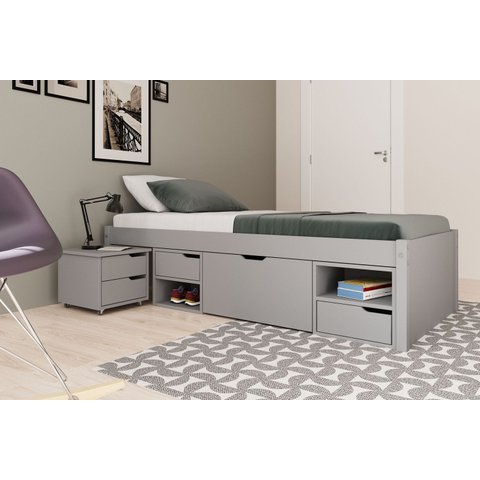 Cama Solteiro Madeira Maciça com 3 Gavetas e 1 Mesa de Cabeceira Charme