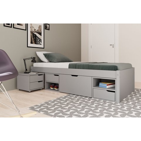 Cama Solteiro Madeira Maciça com 3 Gavetas e 1 Mesa de Cabeceira Charme