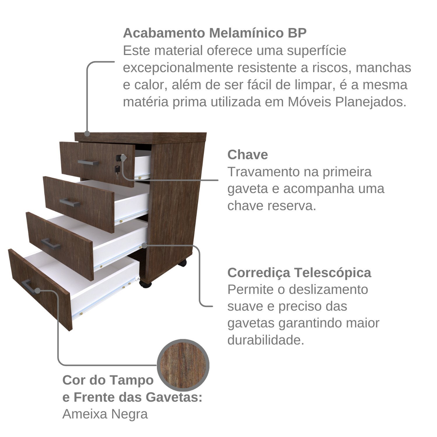 Gaveteiro Volante com 4 Gavetas para Escritório ou Home Office - 6