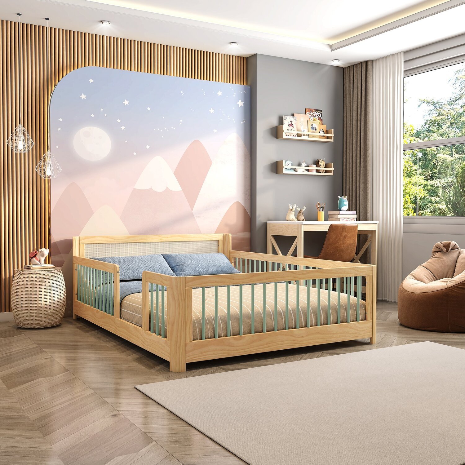 Cama Infantil Casal Montessoriano Wave com Rattan Casatema - 1