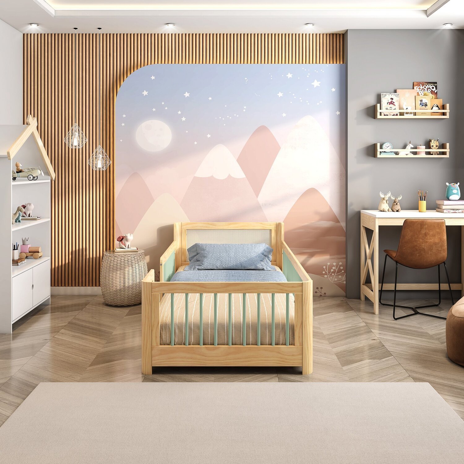 Cama Infantil Solteiro Montessoriano Wave com Rattan Casatema em Madeira Maciça Bege