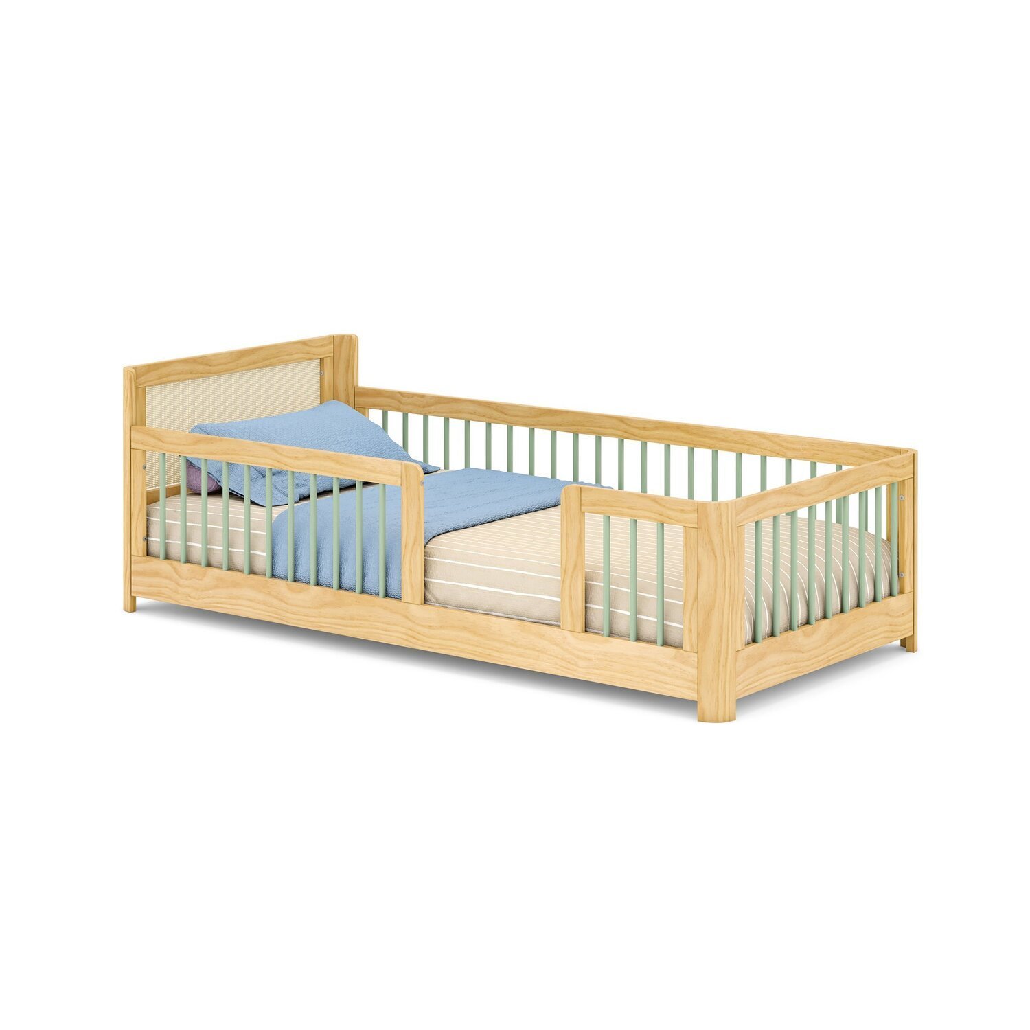 Cama Infantil Solteiro Montessoriano Wave com Rattan Casatema em Madeira Maciça Bege