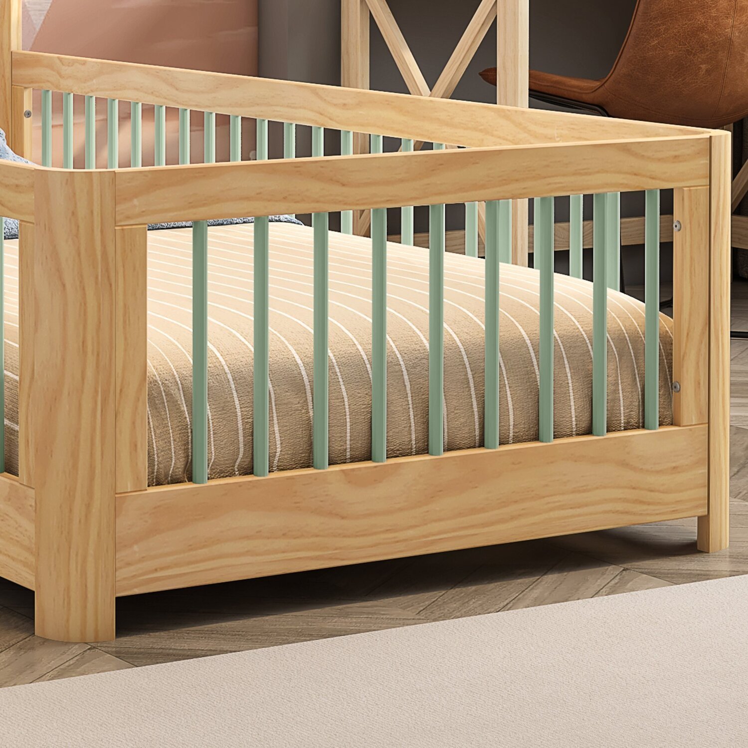 Cama Infantil Solteiro Montessoriano Wave com Rattan Casatema em Madeira Maciça Bege