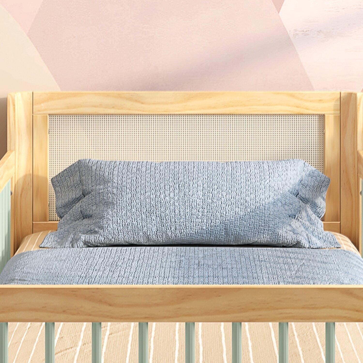 Cama Infantil Solteiro Montessoriano Wave com Rattan Casatema em Madeira Maciça Bege