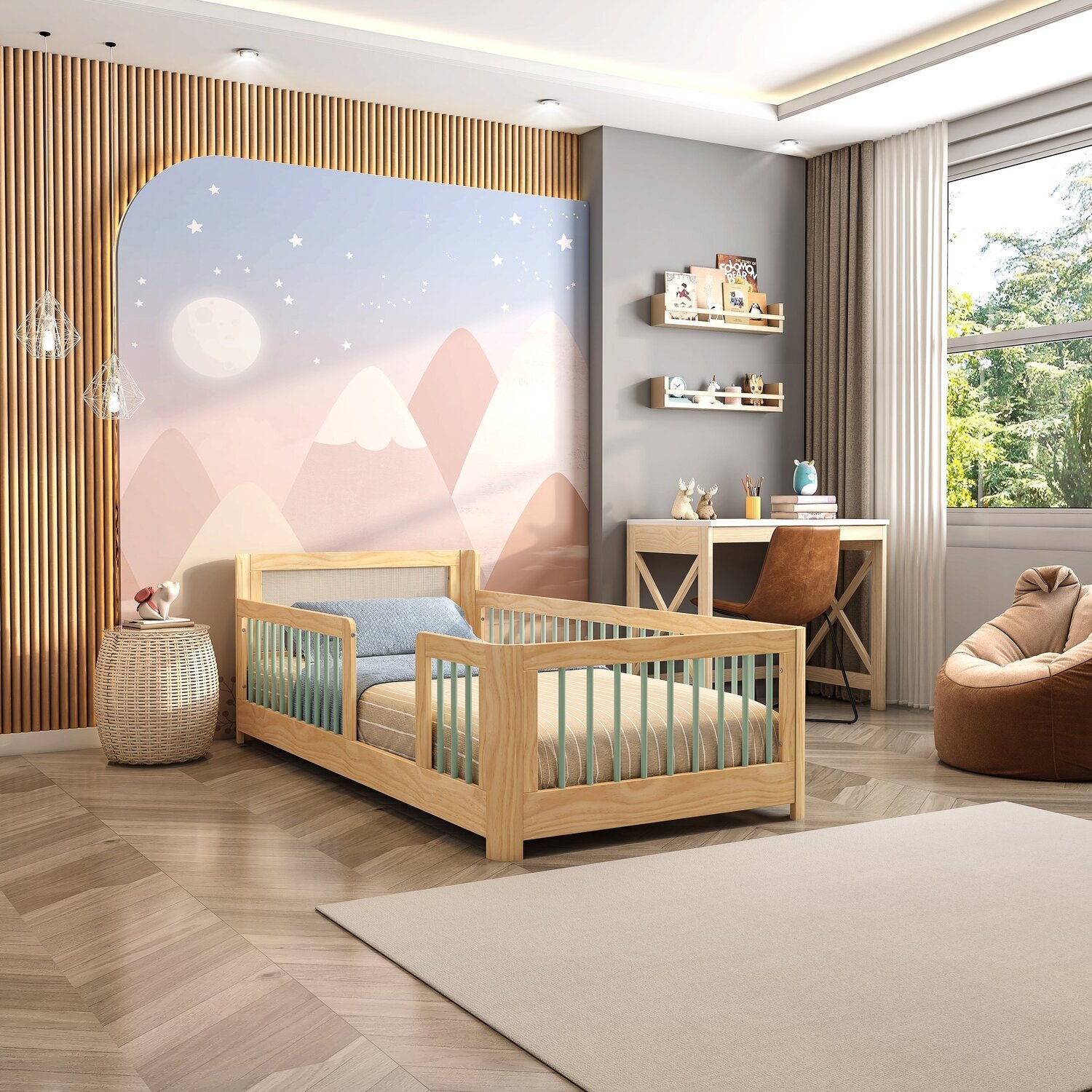 Cama Infantil Solteiro Montessoriano Wave com Rattan Casatema em Madeira Maciça Bege