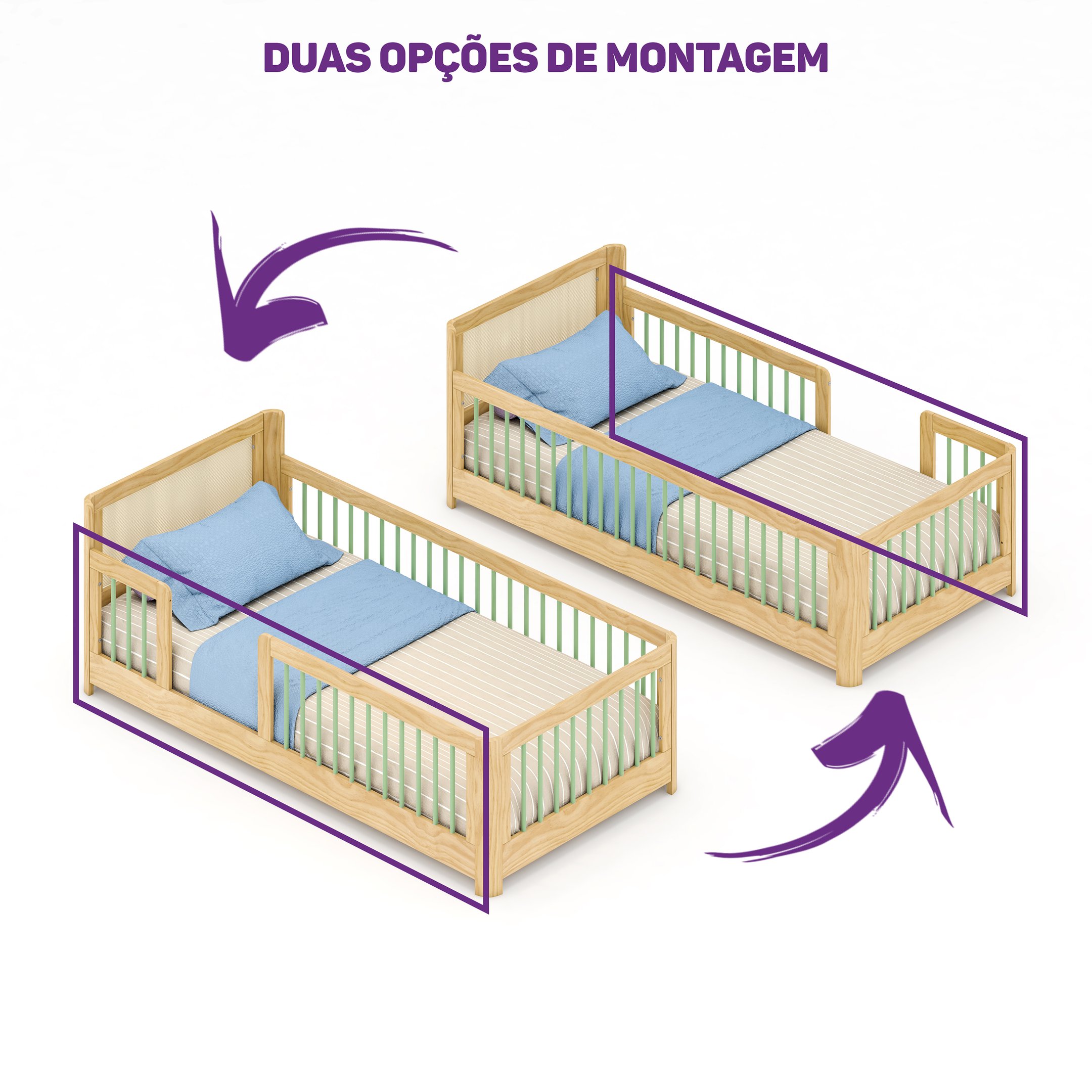 Cama Infantil Solteiro Montessoriano Wave com Rattan Casatema em Madeira Maciça Bege