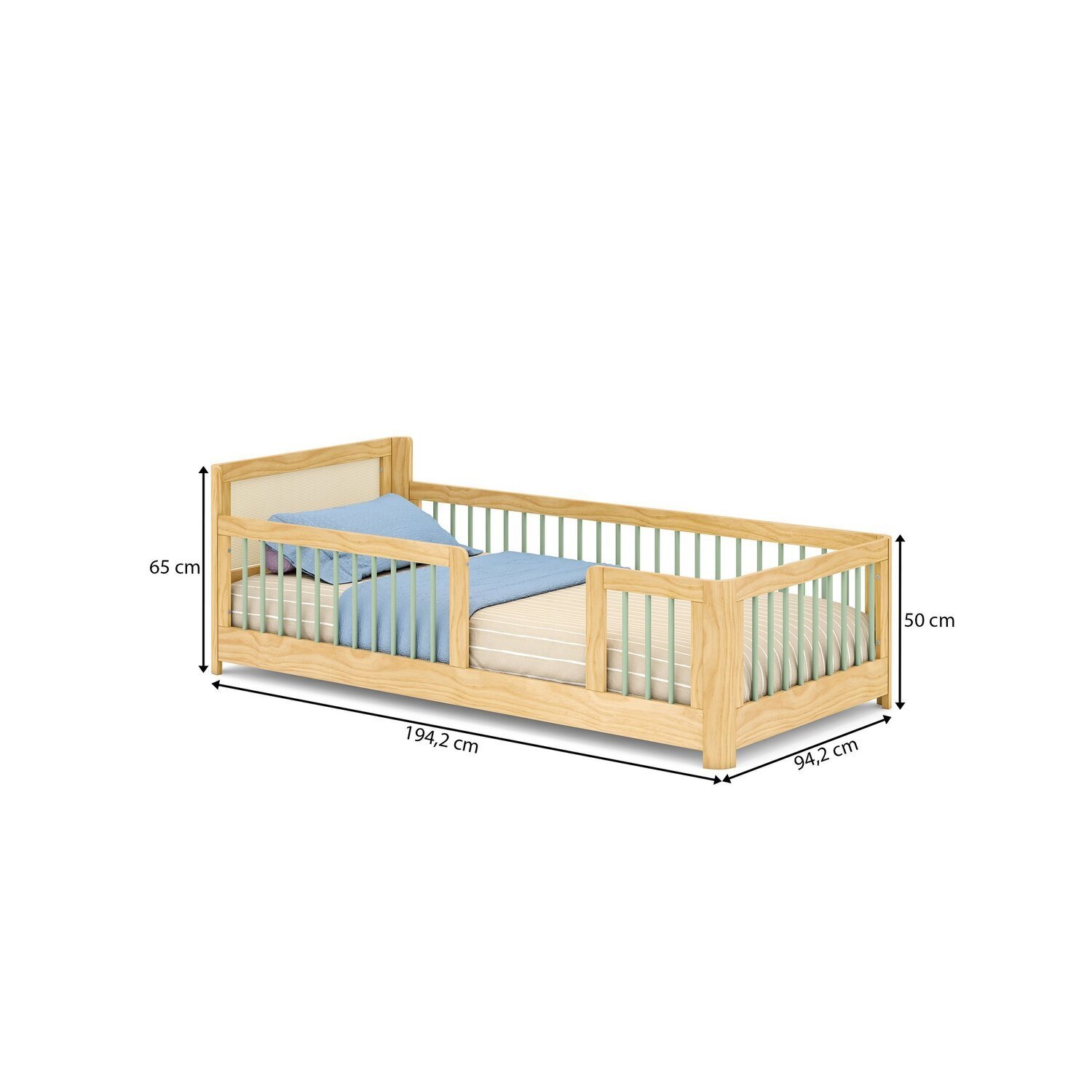 Cama Infantil Solteiro Montessoriano Wave com Rattan Casatema em Madeira Maciça Bege