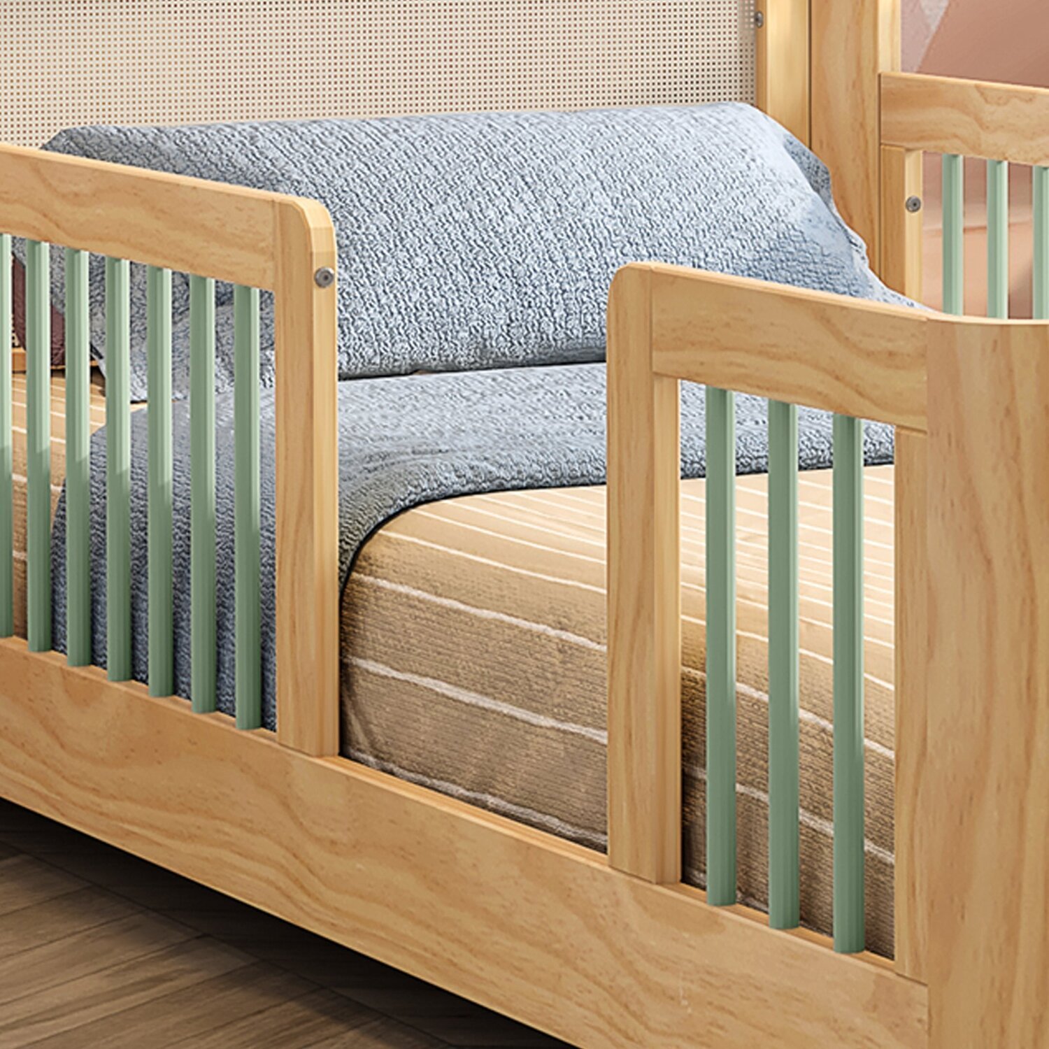 Cama Infantil Solteiro Montessoriano Wave com Rattan Casatema em Madeira Maciça Bege