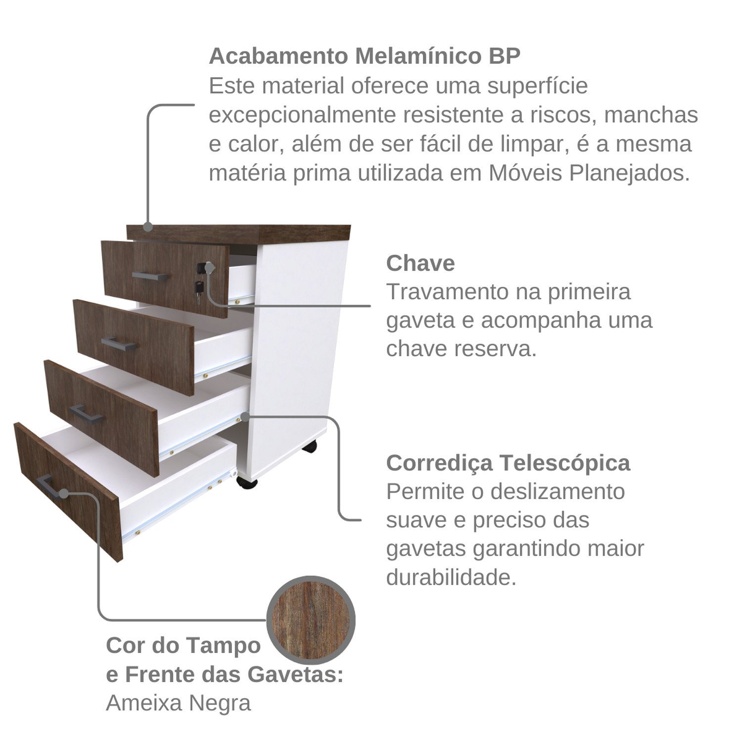 Gaveteiro Volante com 4 Gavetas para Escritório ou Home Office - 8