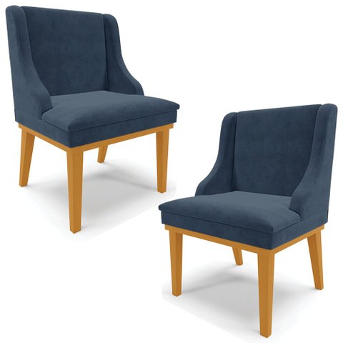 Kit 2 Cadeiras Decorativas Sala de Jantar Base Fixa de Madeira Firenze Suede Azul Marinho/Castanho G