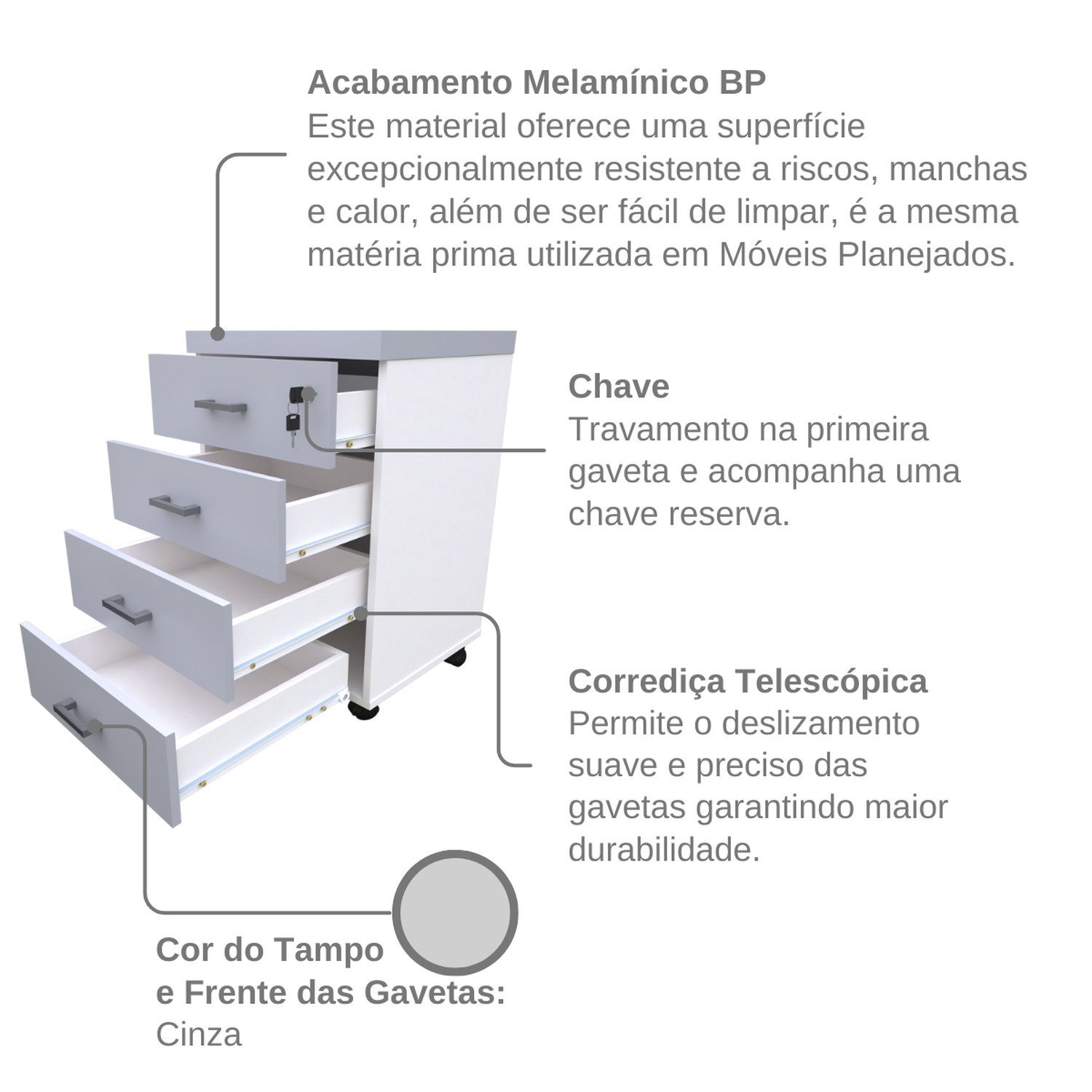 Gaveteiro Volante com 4 Gavetas para Escritório ou Home Office - 8