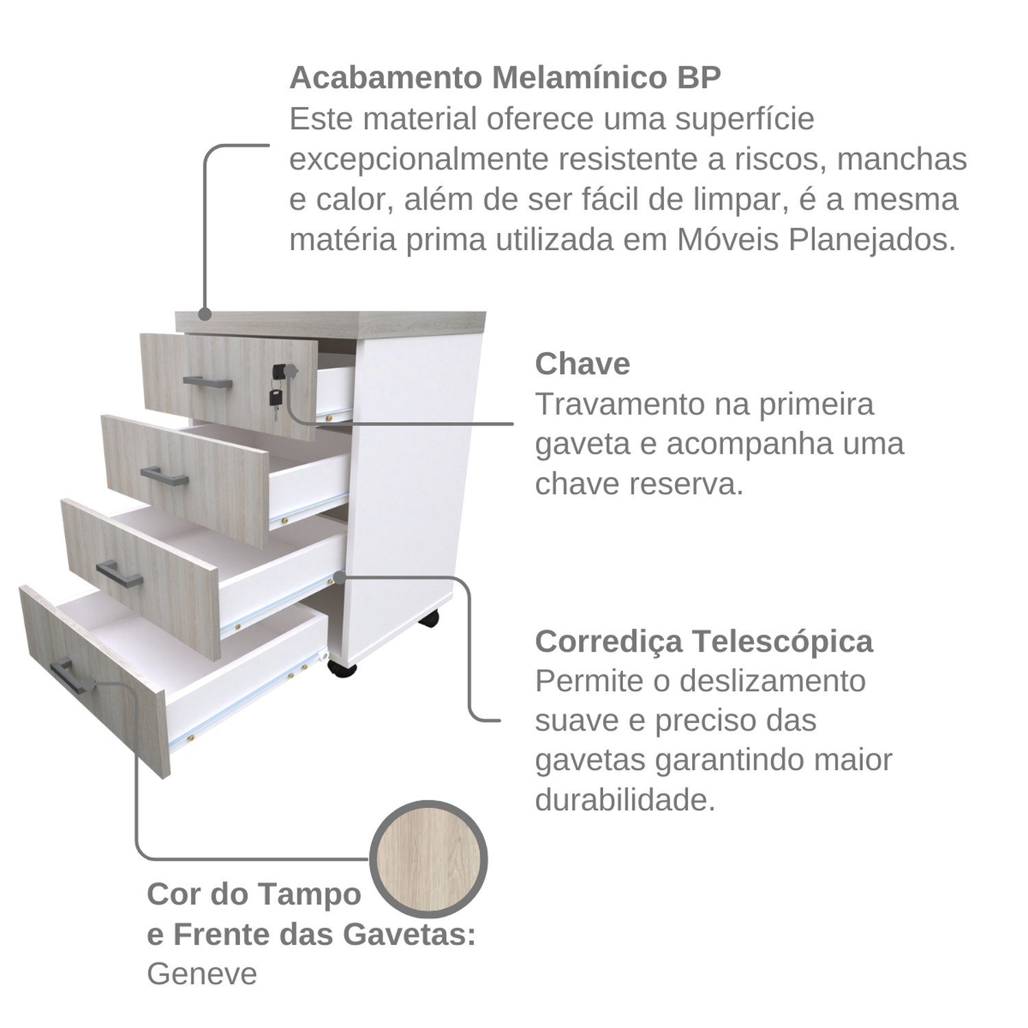 Gaveteiro Volante com 4 Gavetas para Escritório ou Home Office - 8