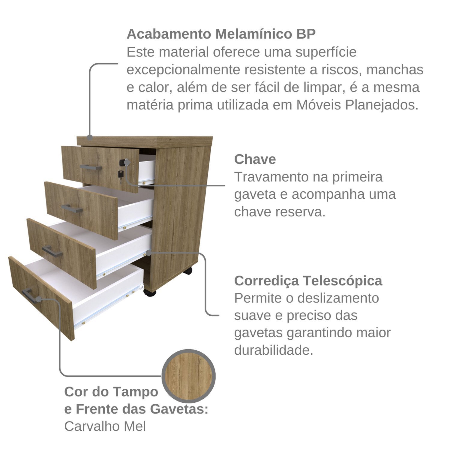 Gaveteiro Volante com 4 Gavetas para Escritório ou Home Office - 8