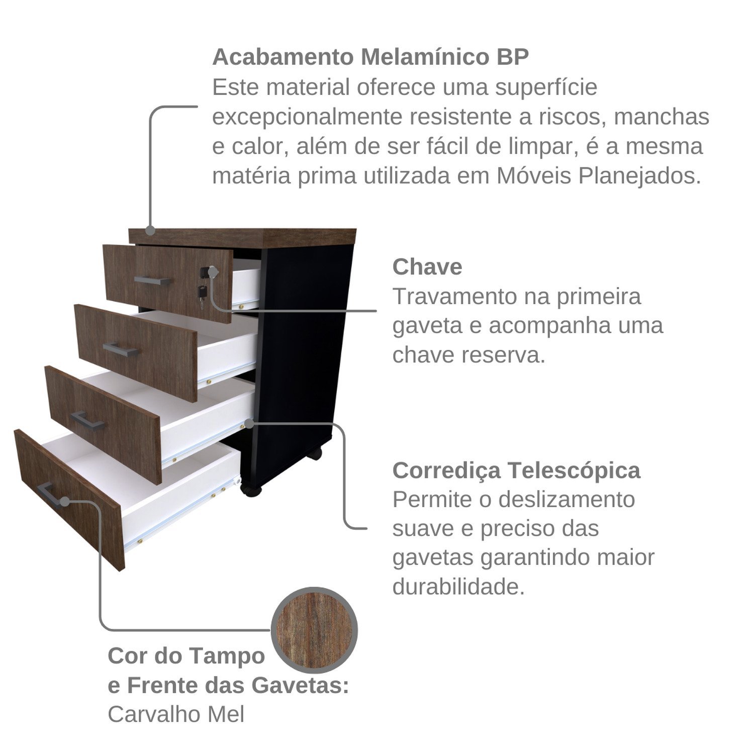 Gaveteiro Volante com 4 Gavetas para Escritório ou Home Office - 8