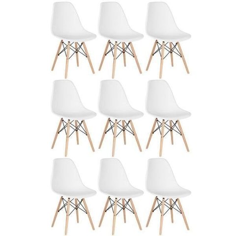 Kit 9 Cadeiras Charles Eames Eiffel Dsw - Base de Madeira Clara - Branco Multicolorido