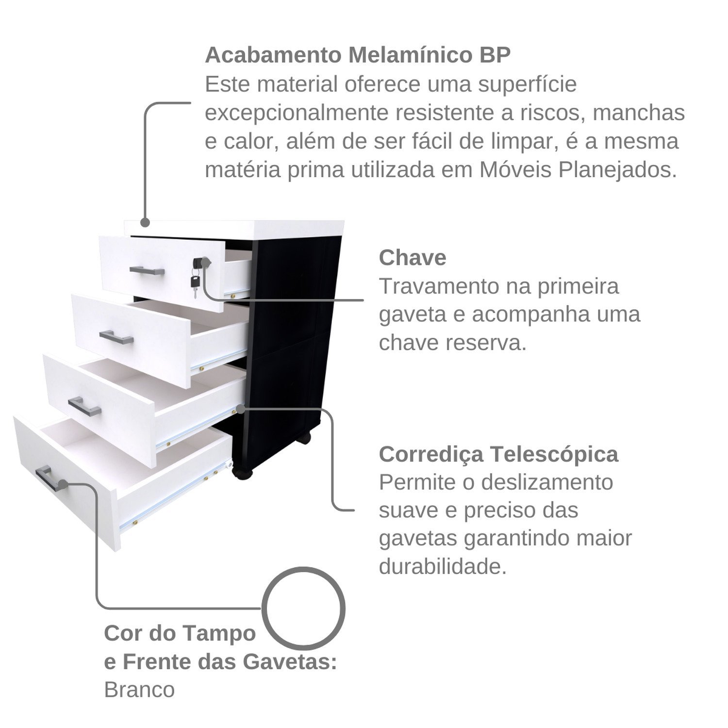 Gaveteiro Volante com 4 Gavetas para Escritório ou Home Office - 8