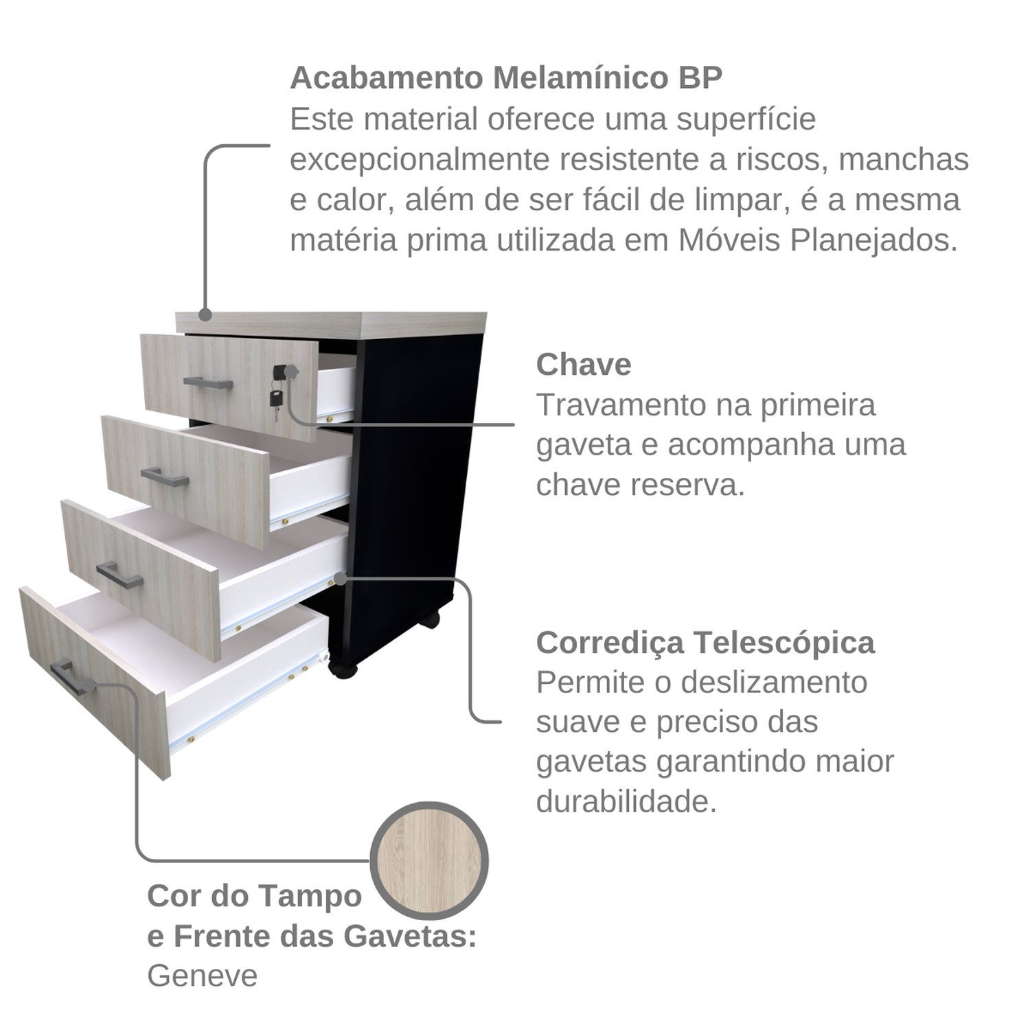 Gaveteiro Volante com 4 Gavetas para Escritório ou Home Office - 8