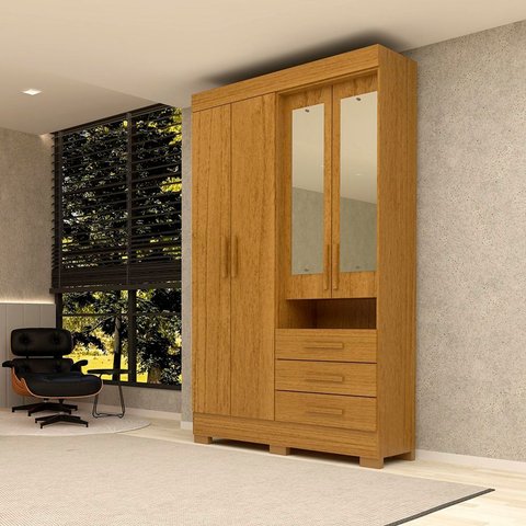Guarda-Roupa Solteiro 4 Portas 3 Gavetas Capelinha com Espelho 100% MDF 119cm Nerina Espresso Móveis Marrom/Cinamomo