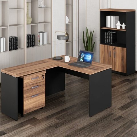 Conjunto Mesa de Escritório 120x150cm em L com Gaveteiro e Armário Estante Espresso Móveis Marrom Preto