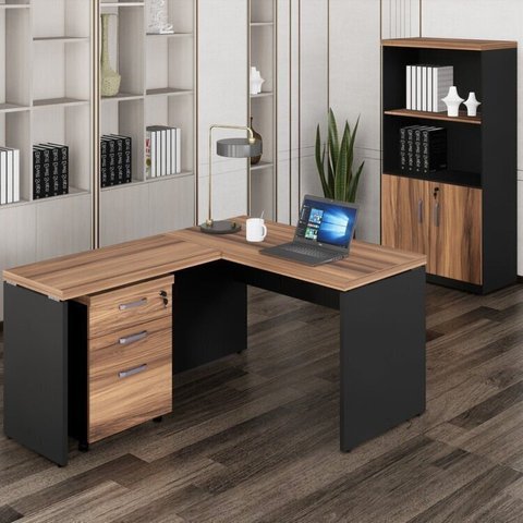 Conjunto Mesa de Escritório 150x150cm em L com Gaveteiro e Armário Estante Espresso Móveis Marrom Preto