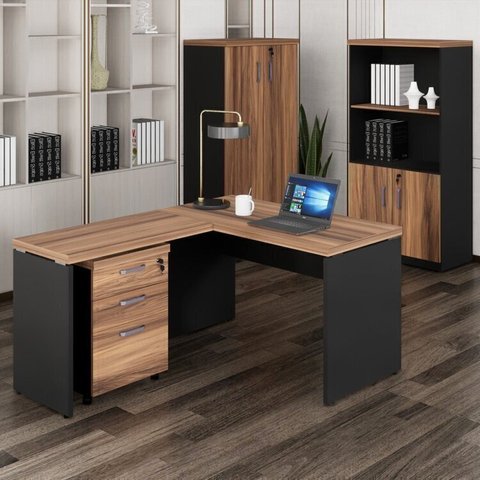 Conjunto 4 Peças com Mesa para Escritório em L 150cmx150cm, Estante e Gaveteiro Espresso Móveis Marrom Preto