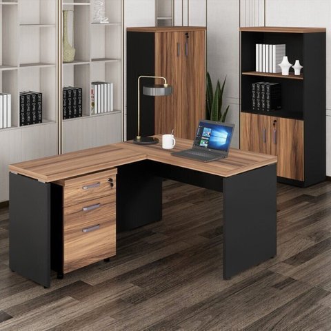 Conjunto 4 Peças com Mesa para Escritório em L 150CMX150CM, Estante e Gaveteiro Espresso Móveis Marrom Preto