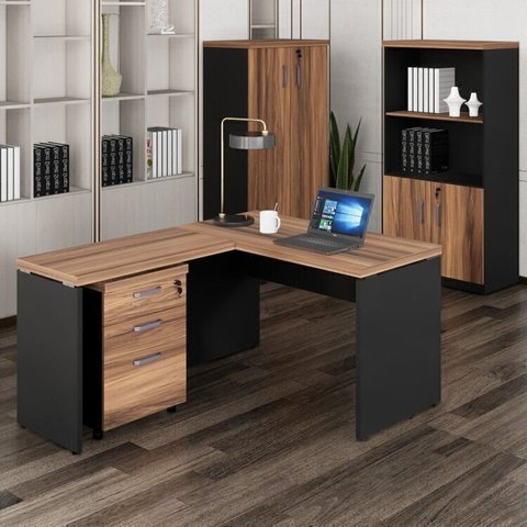 Conjunto 4 Peças com Mesa para Escritório em L 170CMX150CM, Estante e Gaveteiro Espresso Móveis Marrom Preto