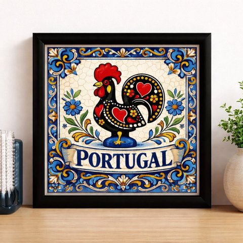 Quadro Galo de Barcelos Portugal 33x33cm Mold Preta Vidro