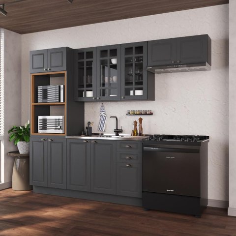 Armário de Cozinha Modulada Compacta Fidelitá Nara 100% MDF 4 Peças 270cm 12 Portas 2 Gavetas sem