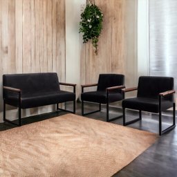 Sofá 2 Lugares e 2 Poltronas em Aço Preto Fosco Corino Preto - 1