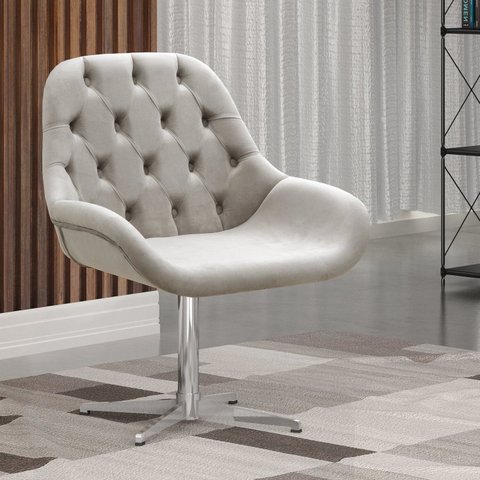Poltrona Lua Giratória de Metal Cadeira Decorativa Sala, Escritório, Recepção Bege Claro