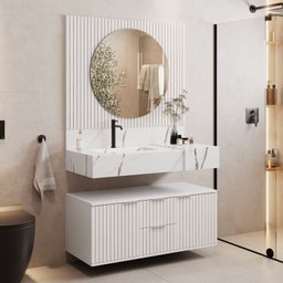Conjunto para Banheiro Bancada em Porcelanato com Cuba Esculpida, Armário e Espelho Ripy 100cm - 10
