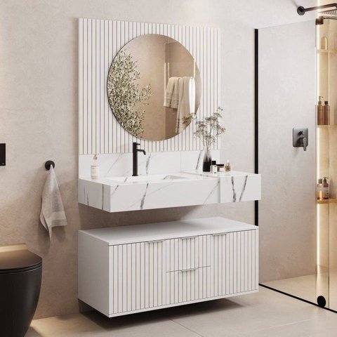 Conjunto para Banheiro Bancada em Porcelanato com Cuba Esculpida, Armário e Espelho Ripy 100cm Yesca