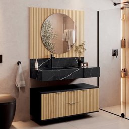 Conjunto para Banheiro Bancada em Porcelanato com Cuba Esculpida, Armário e Espelho Ripy 100cm - 1