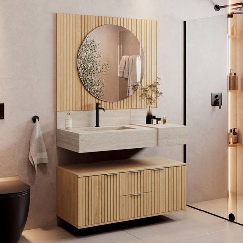 Conjunto para Banheiro Bancada em Porcelanato com Cuba Esculpida, Armário e Espelho Ripy 100cm Yesca