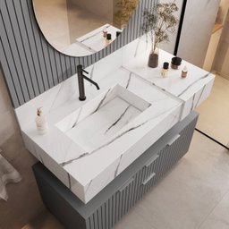 Conjunto para Banheiro Bancada em Porcelanato com Cuba Esculpida, Armário e Espelho Ripy 100cm - 10