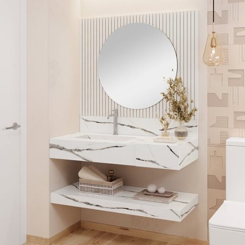 Conjunto para Banheiro Bancada em Porcelanato com Cuba Esculpida, Prateleira e Espelho Ripy 100cm